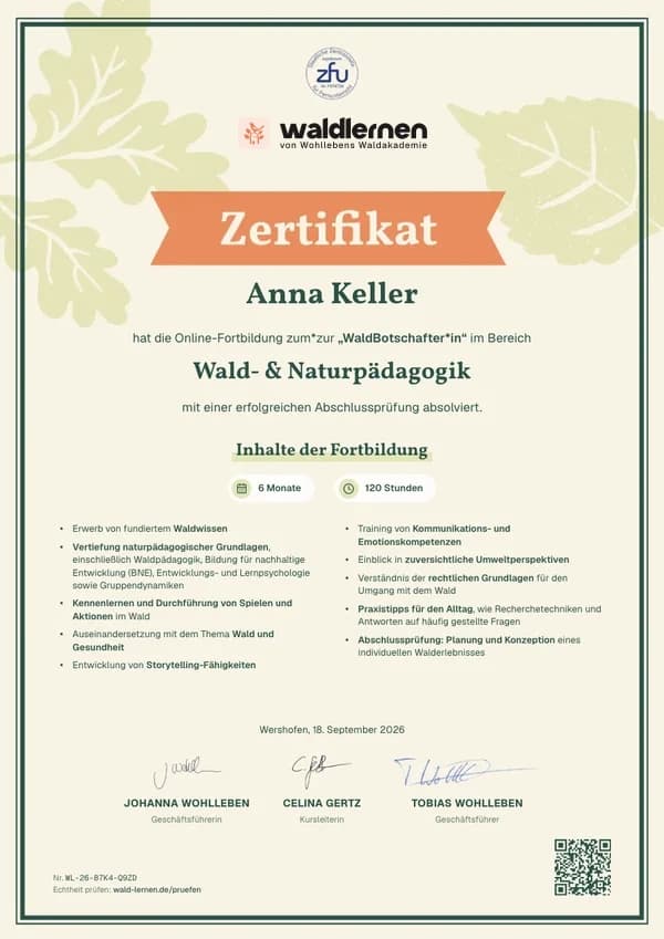 Zertifikat der Fortbildung WaldBotschafter*in mit ZFU-Siegel